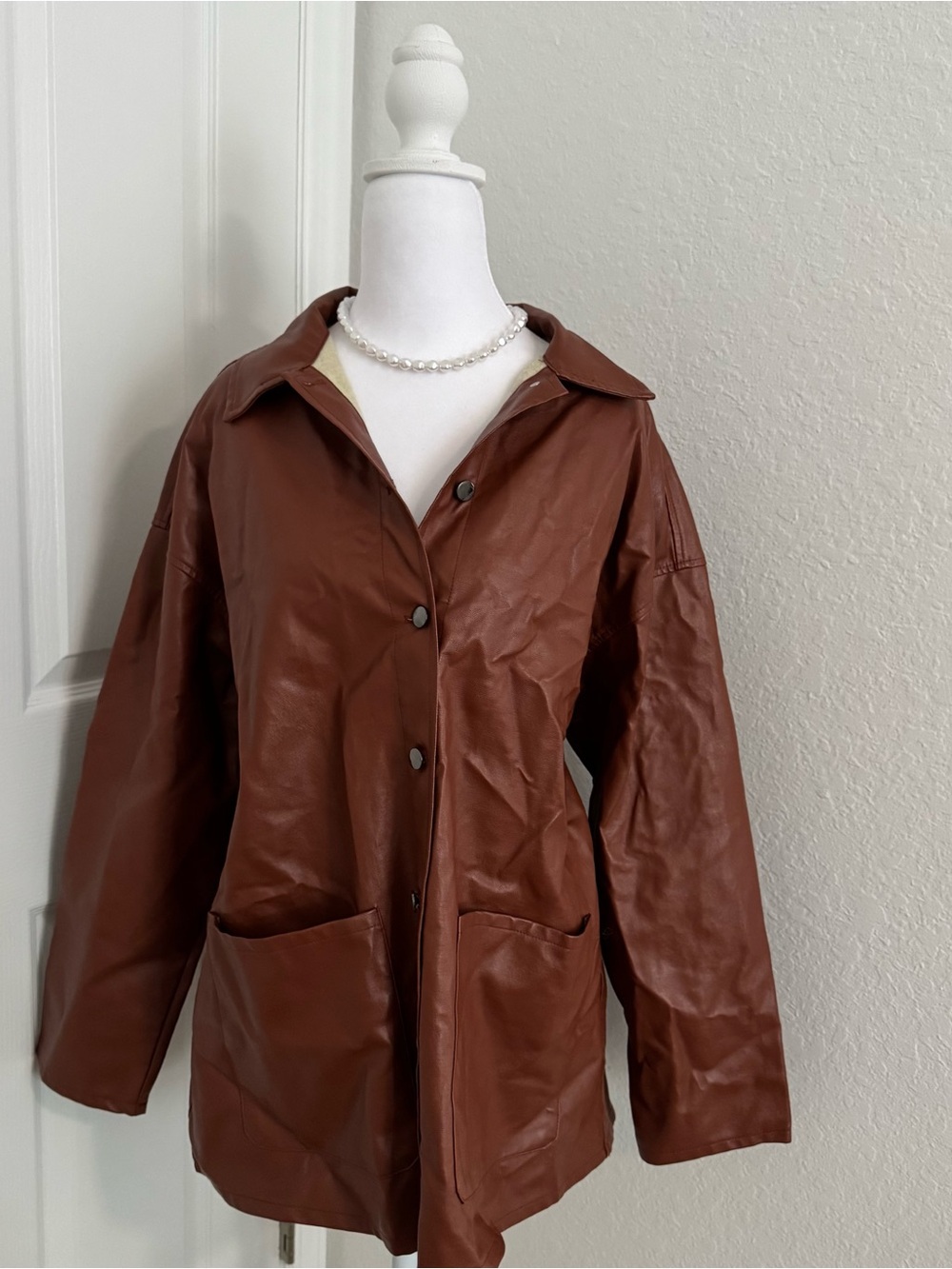 Carmel Brown Faux Leather Button Up Casual Jacket